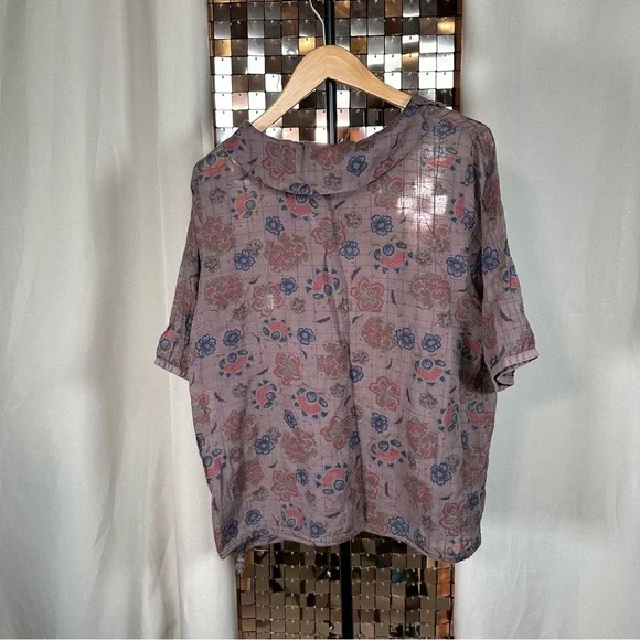 Vintage Purple, Maroon & Navy Checked Plaid & Floral Short Sleeve Sheer Blouse - Picture 7 of 9